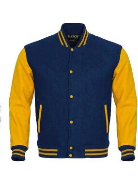 Men’s Navy Blue Gold Genuine Leather Sleeve Varsity Letterman Jacket